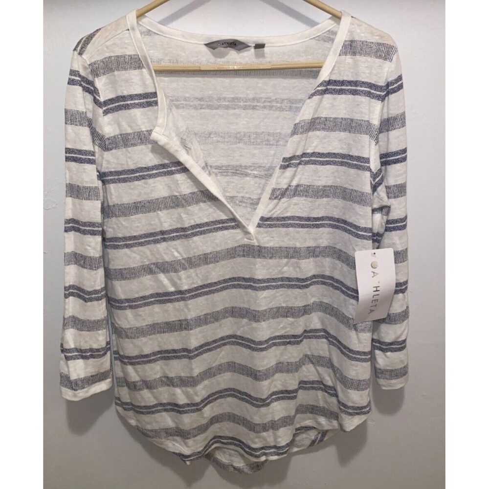 NEW ATHLETA WOMEN'S STRIPE WHITE BLUE 3/4 SLEEVE ZEPHYR LINEN TOP Sz M NWT